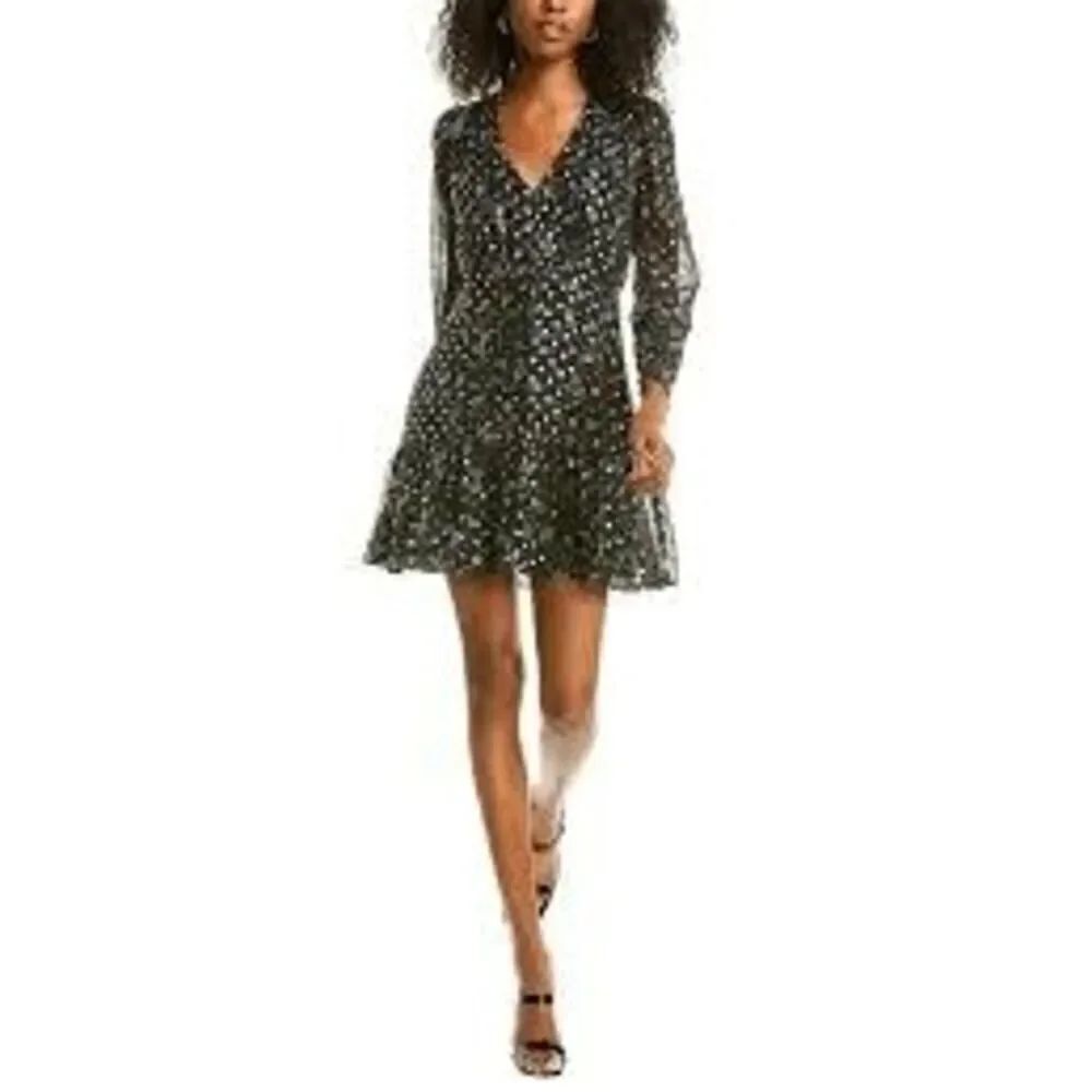 Yumi Kim Black Long Sleeve V-Neck Palmetto Champagne Mini Dress Size 12 NWT